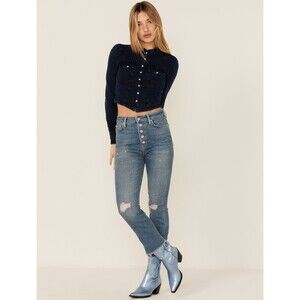 7 For All Mankind Luxe Vintage Ultra High Rise‎ 26 Slim Kick Distressed Button